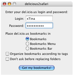 Import Deliciouse Bookmark to Safari with Delicious2Safari