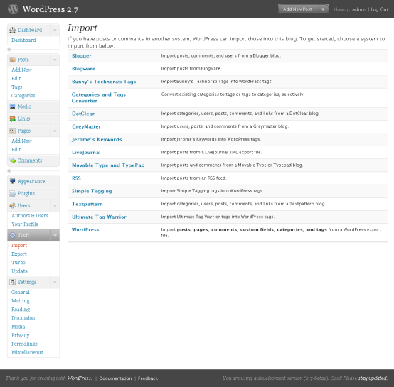 WordPress 2.7 Import WordPress 2.7 Import