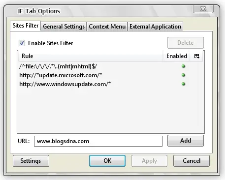 Firefox Extension IE Tab Filters Settings