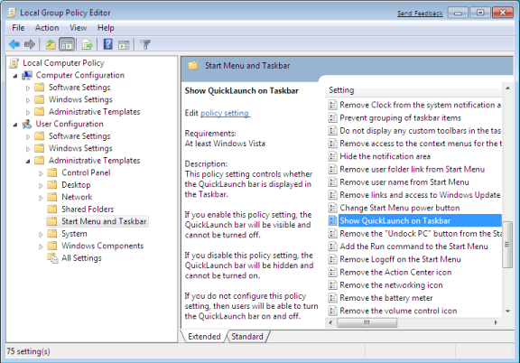 Group Policy Editor for QuickLaunch on Taskbar Group Policy Editor for QuickLaunch on Taskbar