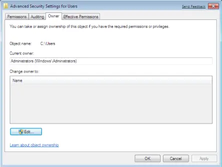 Owner Tab of Advance Security Settings