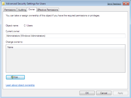 Owner Tab of Advance Security Settings Owner Tab of Advance Security Settings