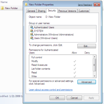 Windows 7 Files and Folder Security Tab