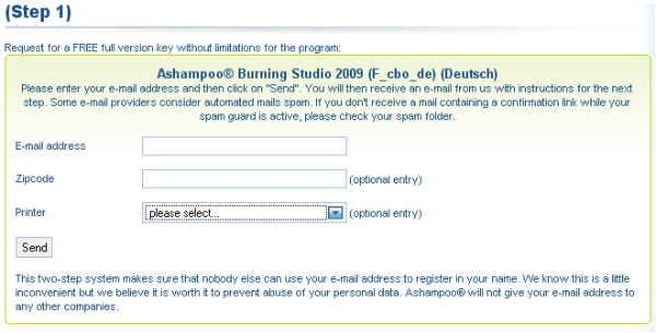 الخطوة 1 لAshampoo حرق استوديو التسجيل 2009 Step 1 for Ashampoo Burning Studio 2009 Registration