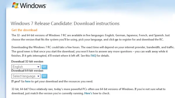Windows 7 Release Candidate Download Page