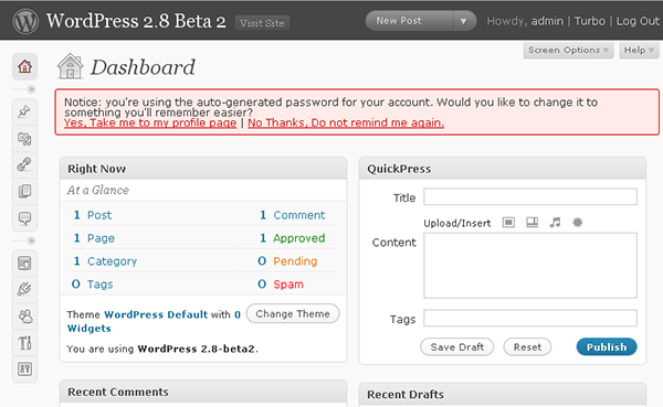 ワードプレス2.8のダッシュボード WordPress 2.8 Dashboard