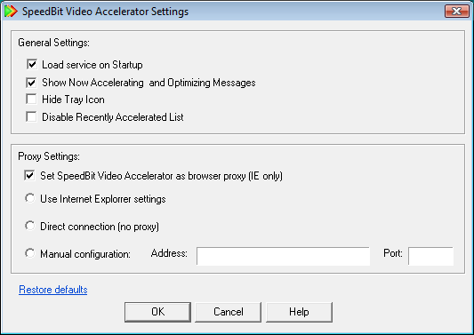 SpeedBit Video Accelerator Settings SpeedBit Video Accelerator Settings