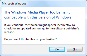 Windows Media Player 12 Toolbar Error Message