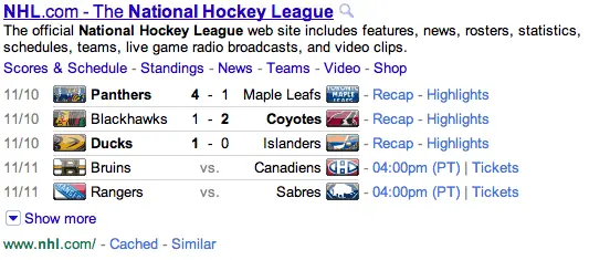 Google NHL Live Results