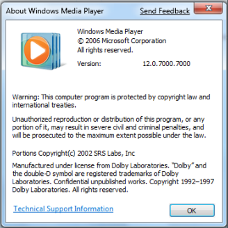Windows 7 beta 1 Build 7000 About Windows Media Player