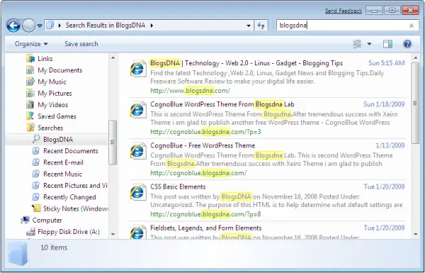 Blogsdna Windows 7 Search Connector in Action