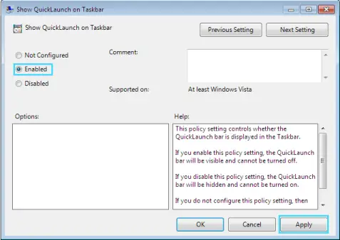 Enable Quick Launch Toolbar