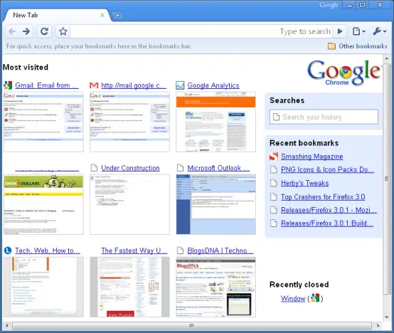 Google Chrome With Most Visited and Recent Historty Tab
