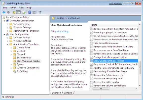 Group Policy Editor for QuickLaunch on Taskbar