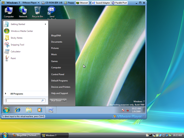 Windows 7 Beta 1 on Vmware Player