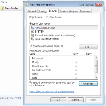 Windows 7 Files and Folder Security Tab