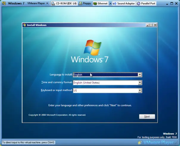 Windows 7 Installation on Vmplayer