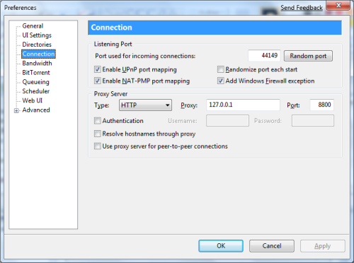 uTorrent Preference Proxy Setting