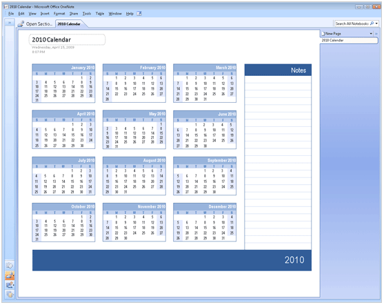 2010 Calendar Template for Microsoft Office OneNote 2007