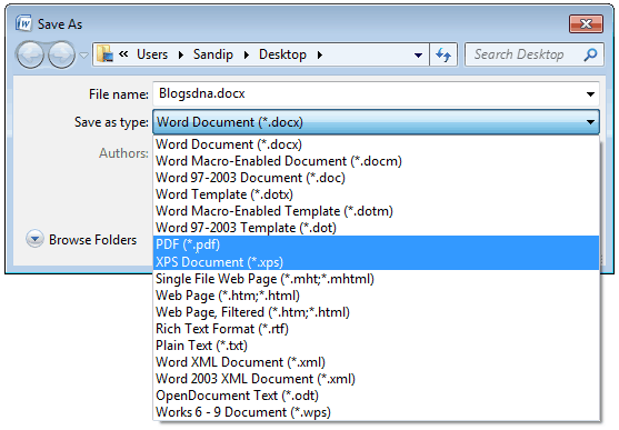 Office 2010 Save As Options