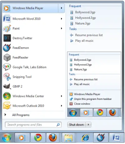 Windows Media Player 12 Recent List in Start Menu & Taskbar