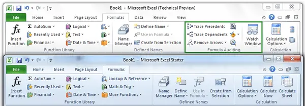 Formulas Tab Comparison Office Excel Starter 2010