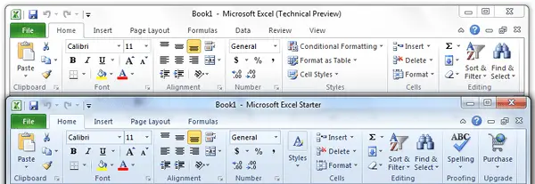 Home Tab Comparison Office Excel Starter 2010