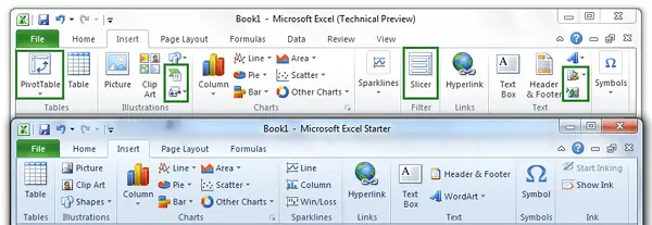 Insert Tab Comparison Office Excel Starter 2010