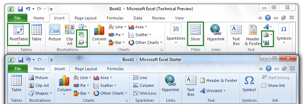 Insert Tab Comparison Office Excel Starter 2010