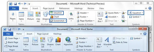 Insert Tab Comparison Office Word Starter 2010
