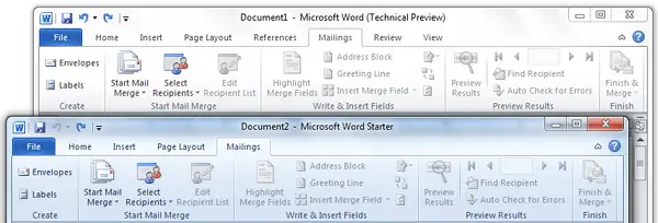 Mailing Tab Comparison Office Word Starter 2010