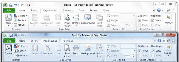 Page Layout tab Comparison Office Excel Starter 2010