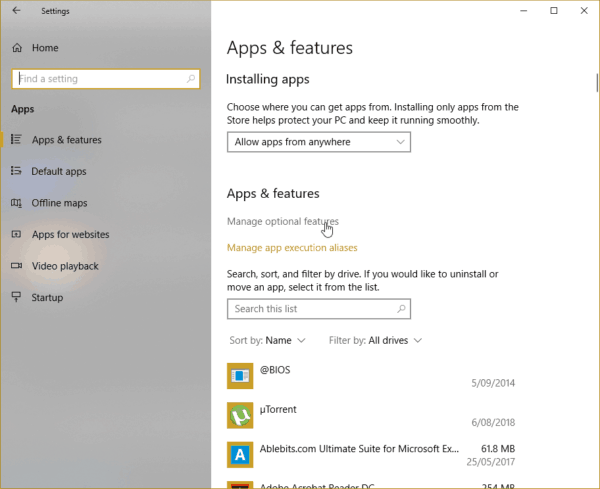 Windows 10 Apps & features Manage optional features