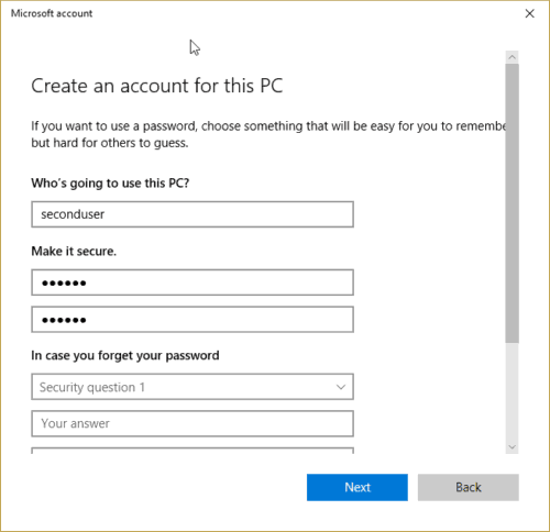 Create an account for this pc