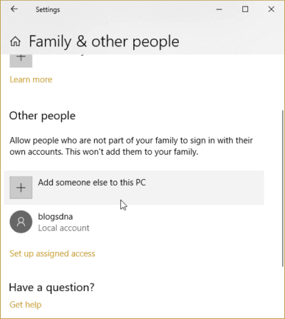 Family & Other People Windows 10