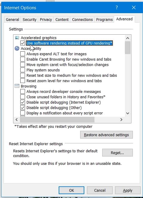 Internet Explorer Disable software rendering