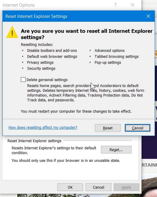 Internet Explorer reset settings to default