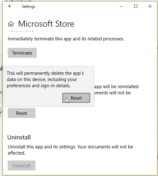 Microsoft Store Reset Warning