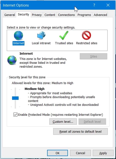 Reset Internet Explorer security zones