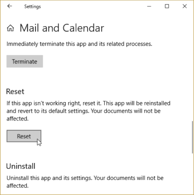 Reset Mail and Calendar App Settings