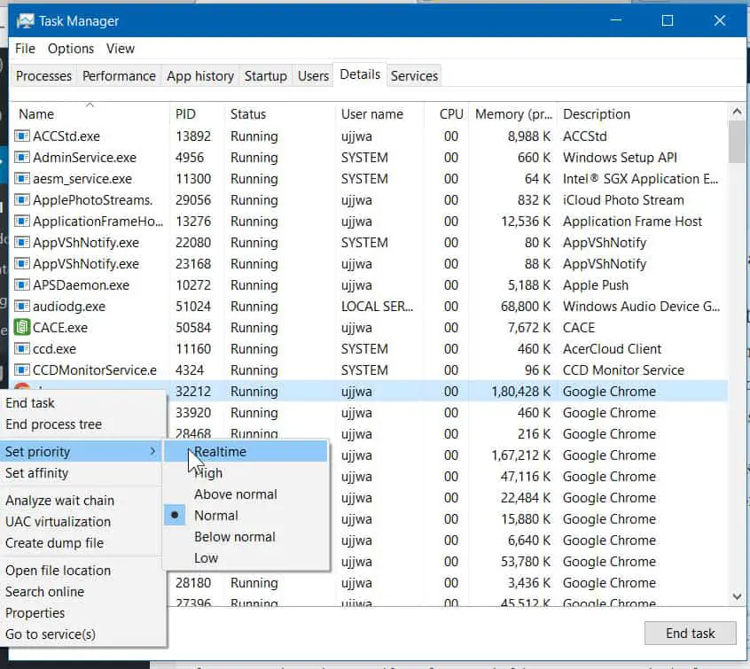 Set CPU priority on Windows 10 for foreground apps - Task Manager