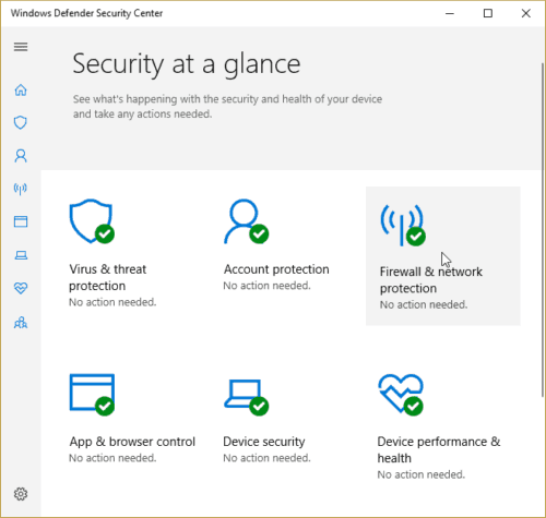 Windows Defender Security Center Security at a glance