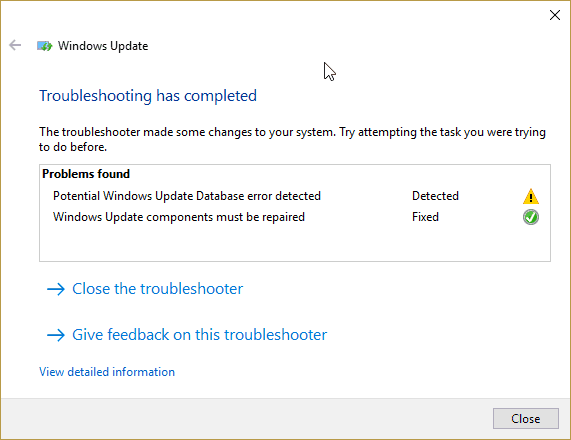 Windows 10 Update Troubleshoot Completed