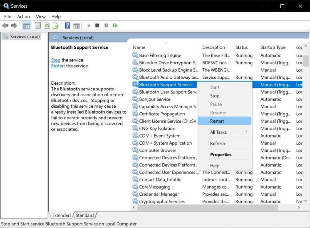Bluetooth Support Service restart