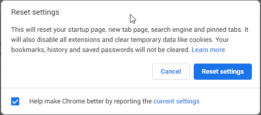 Google Chrome Reset Settings