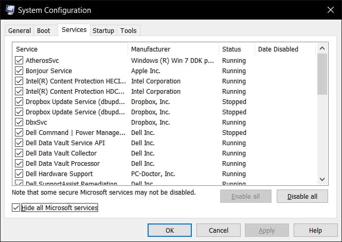 Microsoft System Configuration window