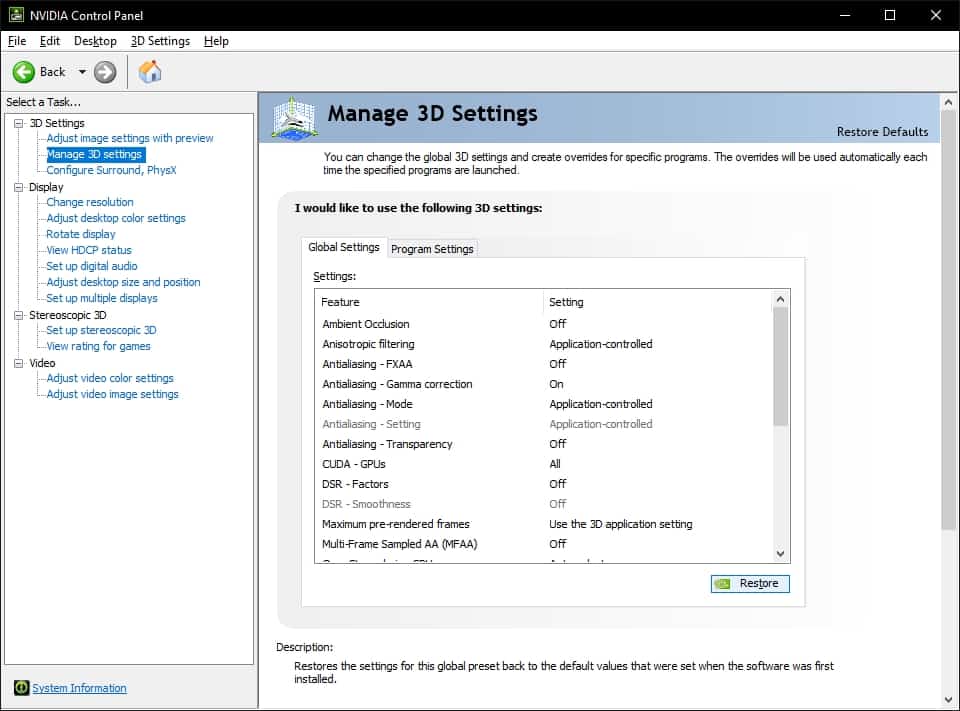 NVIDIA Control Panel - Restore