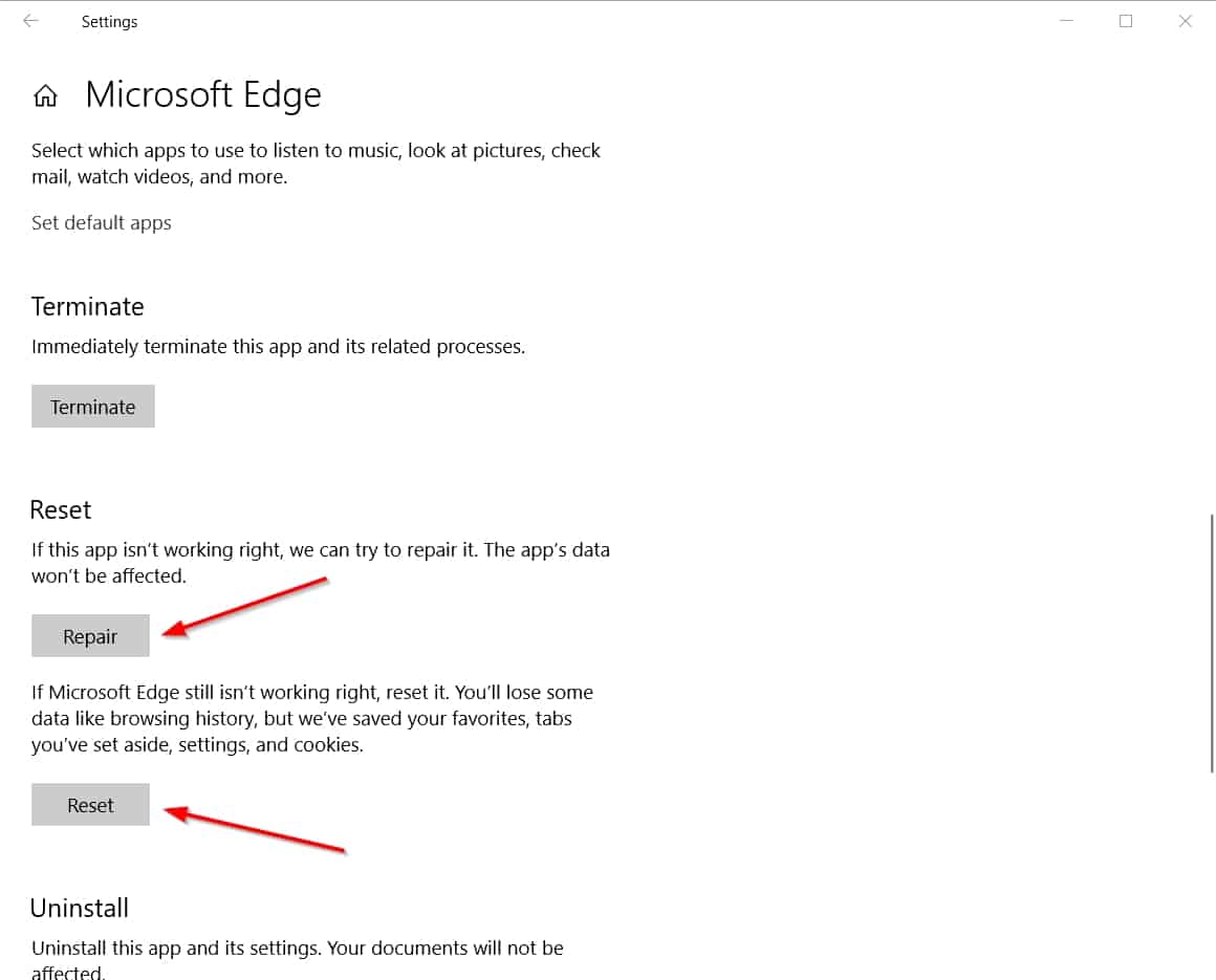 Reset and Repair Microsoft Edge
