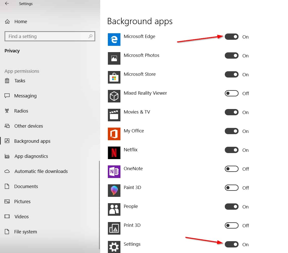 Windows 10 Background Apps Settings