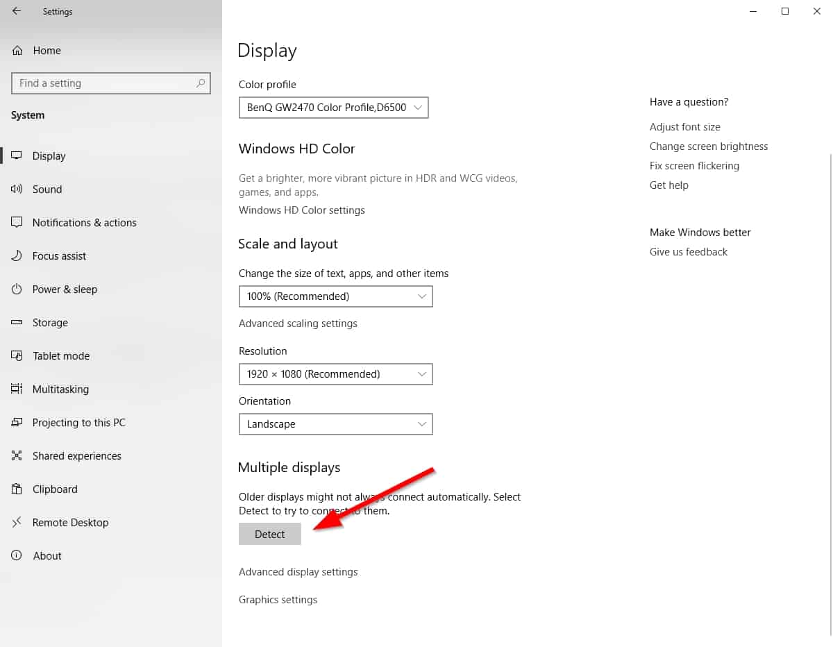 Windows 10 Detect Monitor from Settings